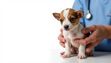 A veterinarian's hands gently examining a small animal on a white background, white background, animal hospital, veterinary