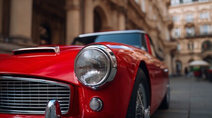 Classic Red Sports Car Close-Up in Urban Setting, Vintage Charm