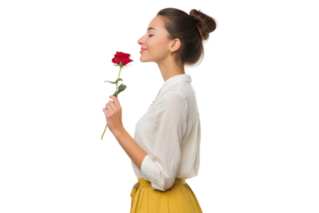 Smiling woman in white blouse holding red rose, isolated on transparent background