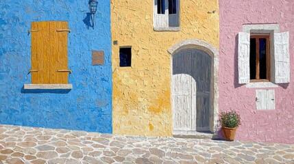 Painting of three colorful houses on a cobblestone street. the houses are painted in different colors - blue, yellow, and pink.