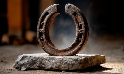 Rusted horseshoe fragment stands on rock