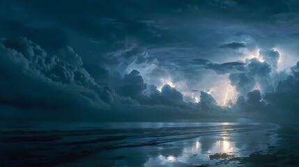 Fototapeta premium Dramatic seascape with storm clouds and lightning