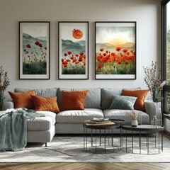 Poppy field sunrise art prints, living room decor