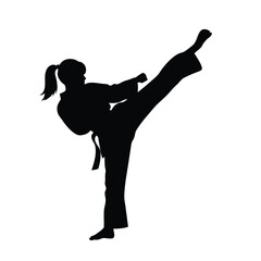 Silhouette of a Martial arts lady karate athlete performing a high kick