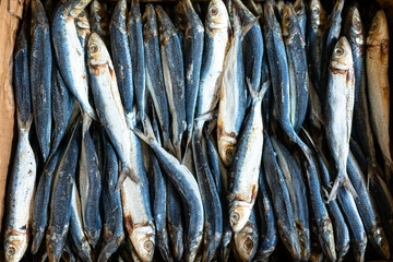 A pile of ikan asin (salted dried fish), likely a mix of small sardines and anchovies, arranged in a wooden container. A traditional preservation method resulting in a salty and umami-rich ingredient.