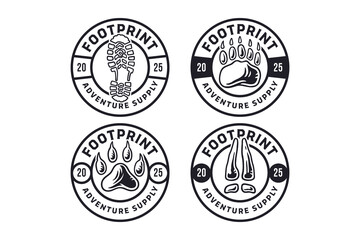 hunter and prey footprints with boots, bear, tiger, deer, grizzly, lion, roe tracks illustration badge emblem patch logo design collection set for hunter, outdoor, explore, wildlife and adventure.