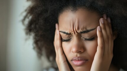 Fototapeta premium Close up of a woman with her eyes closed holding her head with both hands looking stressed and in pain