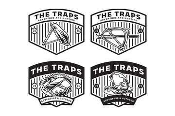 rustic animal trap or catcher with cogged, cruel, pitfall, jagged, jaw illustration badge emblem patch logo design collection set for hunter, outdoor, explore, wildlife and adventure.