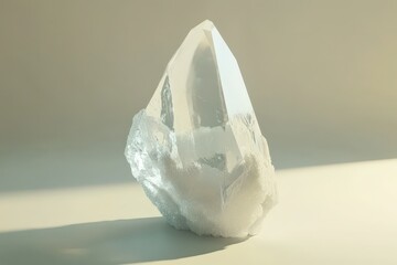 A pristine, luminous crystal formation displayed on a plain surface.