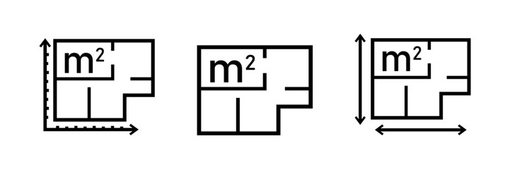 Real Estate Floorplan Icons with Square Meter Labels – Outline Building Layout Symbols Featuring Area Markings, Measurement Arrows, and Grid Lines, Vector for Architecture Projects