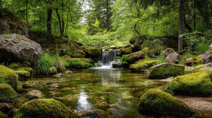 Serene Forest Scene with Gentle Waterfall and Mossy Rocks