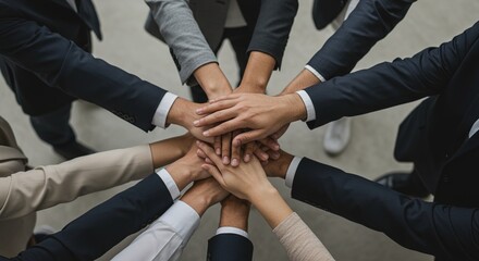 A group of professionals in business attire unite their hands in a teamwork gesture, symbolizing collaboration, trust, and shared success in a corporate environment