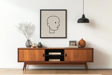 Minimalist living room with a framed print of a simple head profile, displayed above a mid-century modern wooden sideboard.  Dry, light-colored flowers in a vase add to the neutral aesthetic