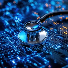 Stethoscope on a circuit board.  Advanced medical technology (1)