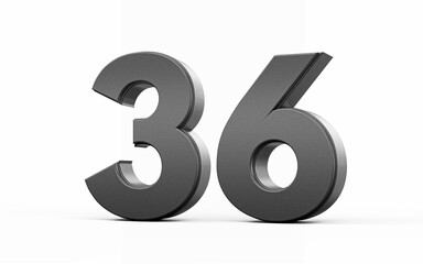 Sleek, metallic Black number 36 Thirty six standing on a white background, 3d illustration