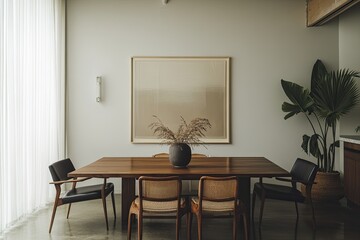 Modern dining room with a large neutral artwork and natural elements.  Wooden table, dark chairs, light walls and a large plant