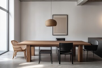 Modern dining area with large wooden table, wicker pendant light, and black chairs. Light neutral color palette, concrete floor, and large window
