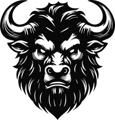 Fierce Minotaur Head Silhouette Illustration, Powerful black silhouette of a mythical minotaur head with intense expression and large horns.