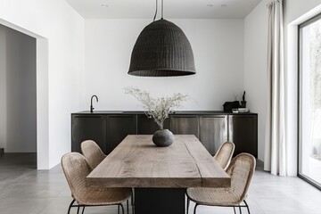 Modern dining area with a minimalist aesthetic.  A large wooden table, dark gray cabinets, and wicker pendant light. Natural light streams in from large windows