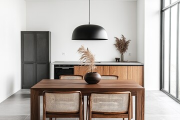 Modern minimalist kitchen with wooden cabinets and a dining table.  Neutral color palette.  Natural light floods the space