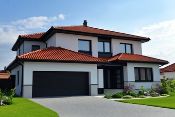 Modern two-story home with a terracotta roof, dark gray garage door, and manicured landscaping.  Exterior is white with dark trim, large windows, and a driveway