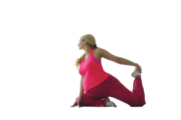 pregnant woman with a tummy does yoga sitting on her knees and holding one leg with her hand, isolated on transparent background, png