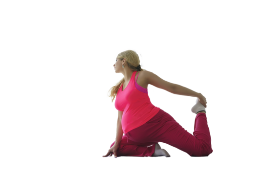 pregnant woman with a tummy does yoga sitting on her knees and holding one leg with her hand, isolated on transparent background, png