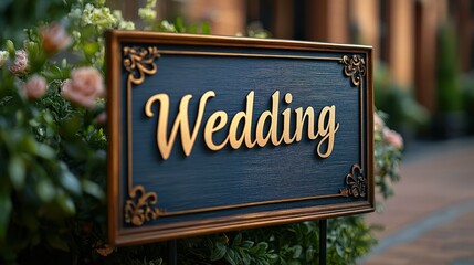 Ornate sign announcing a wedding ceremony. Floral arrangements and brick building background visible