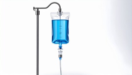 An IV drip bag hangs on a stand 