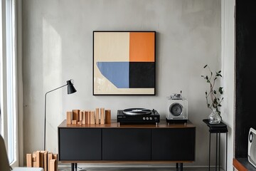 Modern abstract art piece displayed above a black cabinet with wooden blocks and a record player