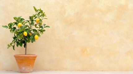 Small potted lemon tree in front of a beige wall. the tree has green leaves and small yellow lemons hanging from its branches. the pot is made of terracotta and is sitting on a concrete floor.
