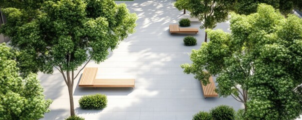 Urban oasis with park benches and lush greenery