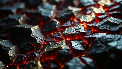 Fractured obsidian, garnet glass, and gold leaf create intricate patterns inside a dimly lit, vast cathedral.