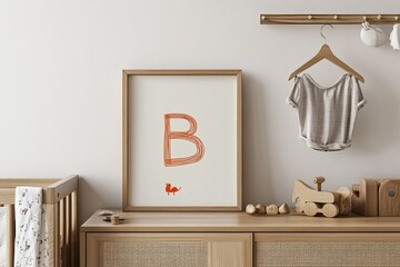 A children's room features a framed artwork of the letter B in a bright color, alongside a small wooden toy train and other simple toys.  A baby clothes hanger is displayed
