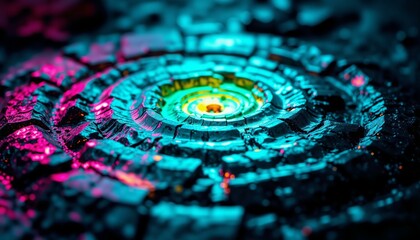 Fractured obsidian swirls reveal vibrant colors in a contained, chaotic energy display on an alien surface.