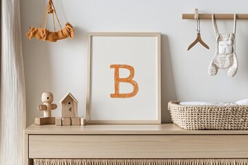 Nursery scene with a framed letter B print, wooden toys, and basket