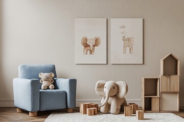 Beige-toned children's room with two framed elephant prints, a light blue armchair, stuffed animals, and wooden toy blocks