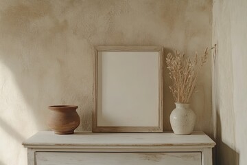 Light beige wooden frame on a whitewashed dresser,  featuring a blank canvas,  with dried grasses in a vase and terracotta pot.  Soft, warm lighting casts gentle shadows on the surface