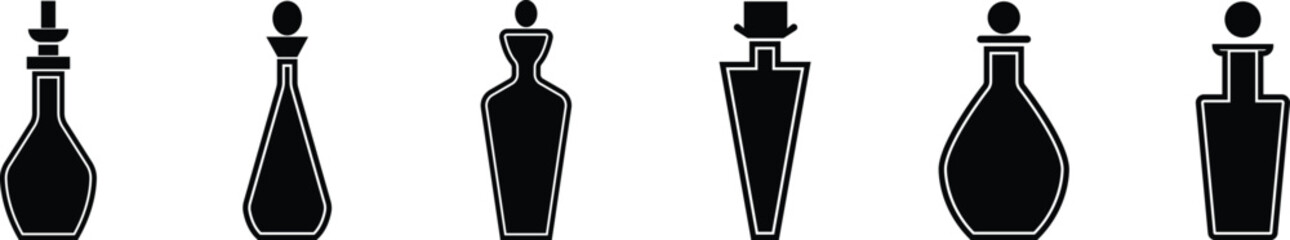Perfume Bottle icon set.Fragrance perfume vector. Line and glyph perfume.Clothing costumes and accessories concept.spray bottle of icon.perfume bottle with liquid inside, glowing reflection.