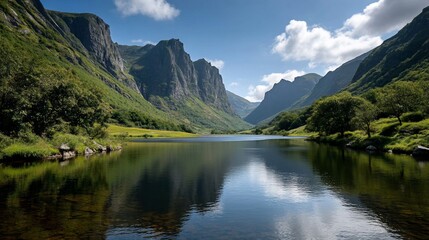 Fototapeta premium Serene lake between towering green mountains
