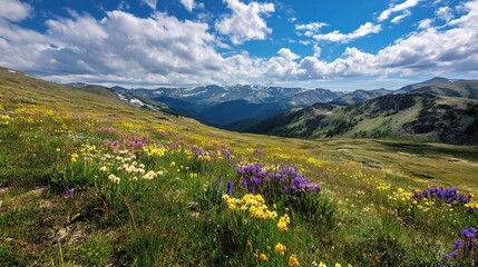 Vibrant Summer Meadow in High Alpine Landscape with Snowy Peaks
