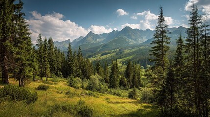 Obraz premium Lush Green Spruce Forest Beneath High Tatra Mountain Range