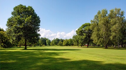 Spacious Green Public Park Field with Trimmed Grass Under Clear Sky