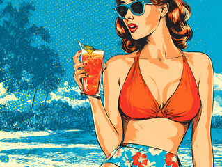 tropical beach woman with cocktail (pop art) © Sung Hwan Kim