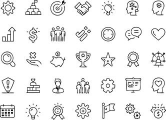Core Values thin line icons set. Core Values, Trust, Integrity, Innovation, Growth, Goal, Teamwork, Customers, Motivation, Vision editable stroke icon. Vector 