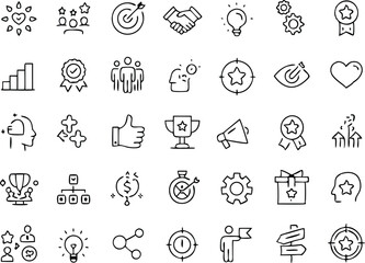 Core Values thin line icons set. Core Values, Trust, Integrity, Innovation, Growth, Goal, Teamwork, Customers, Motivation, Vision editable stroke icon. Vector 