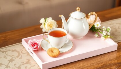 Elegant tea service with delicate china teapot and cup on a pink tray featuring roses, creating a tranquil atmosphere