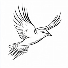 Bird Flies Gracefully with Open Wings in Line Art Style on White Background