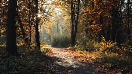 Obraz premium Tranquil Autumn Forest Path Bathed in Golden Sunlight