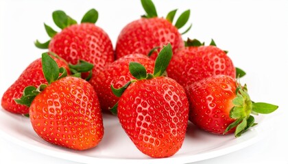 Organic fresh strawberries with green leaves on white ceramic plate isolated background, full depth of field, summer fruit concept